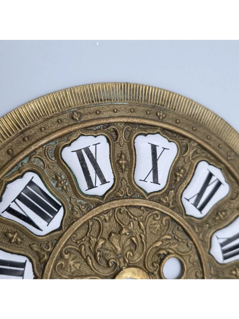 Brass Dial Face Plate Porcelain Numerals Antique Hanging Clock Detailed 6-5/8